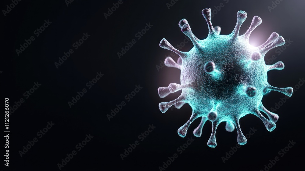 Poster close-up view of a virus, highlighting its structure and features.