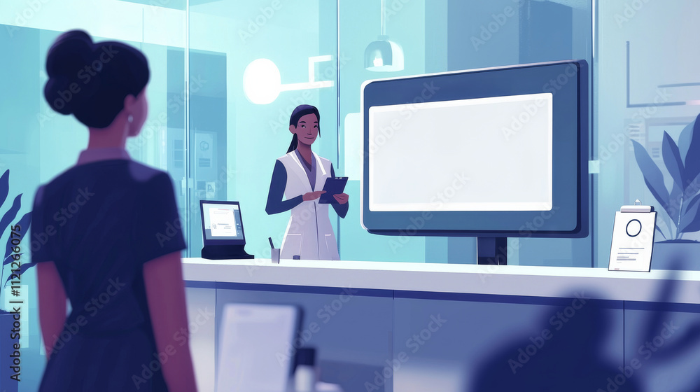 Poster a modern reception area featuring a woman interacting with a digital display, creating a professiona