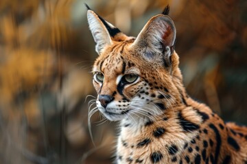 Golden background highlighting the majestic look of the serval cat