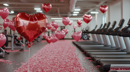 Valentine’s Day-themed decorations in a fitness gym, with heart-shaped balloons, red and pink accents, and love-inspired motifs, creating a festive and motivating atmosphere for workout enthusiasts