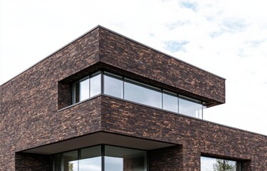 Obraz premium モダンなデザインの黒レンガの建物が青空の下で存在感を示す