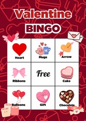 A colorful Valentine Bingo card featuring hearts, chocolates, roses, and Cupid icons. Perfect for classroom activities, parties, or family fun to celebrate love and friendship on Valentine’s Day.