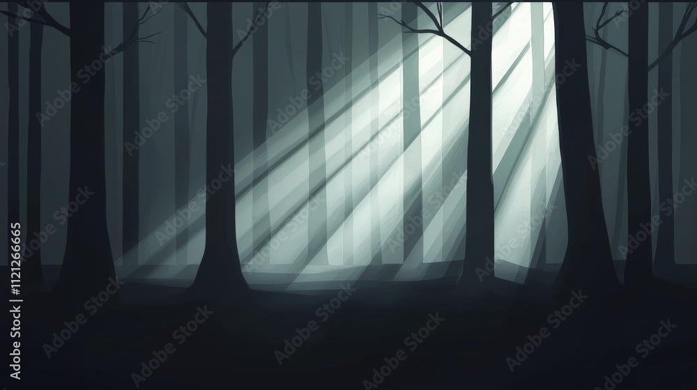 Aufkleber a mystical forest scene illuminated by soft rays of light filtering through tall trees, creating a s