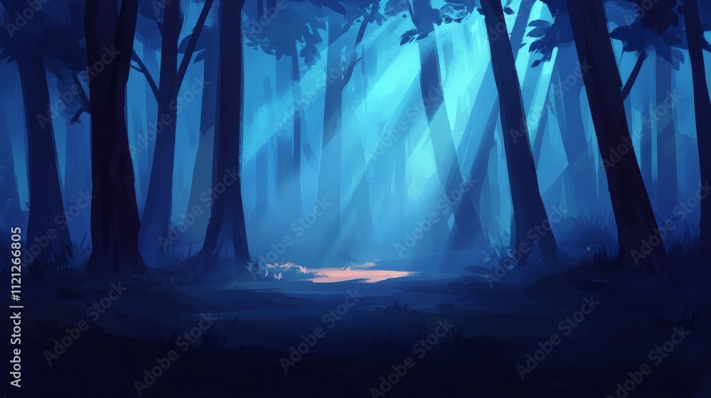 Aufkleber a mystical forest scene illuminated by soft beams of light filtering through tall trees, creating a 