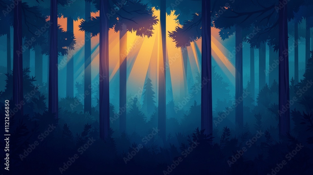 Aufkleber a serene forest scene illuminated by golden rays of sunlight piercing through tall trees, creating a