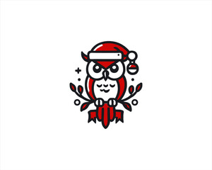 Christmas Owl Logo Design Icon Vector Illustration. Merry Christmas