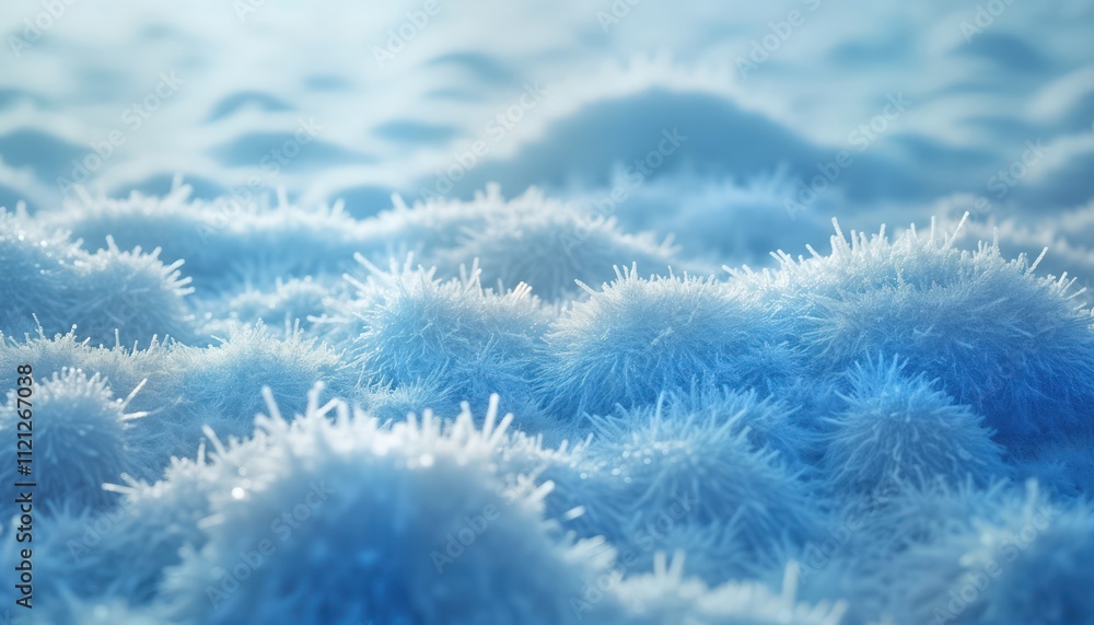 Poster Closeup view of frosty ice texture. Ice crystals form textured surface. Abstract pattern of winter. Natural frozen surface. Cold, frosty detail. Icy surface. Blue, white colors. Frozen ground covered