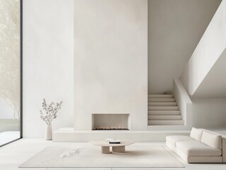 A white living room with a fireplace and a couch