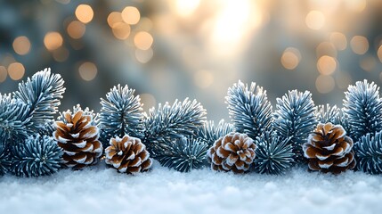 Obraz premium Frosty Pine Branches and Pinecones in Winter Snow