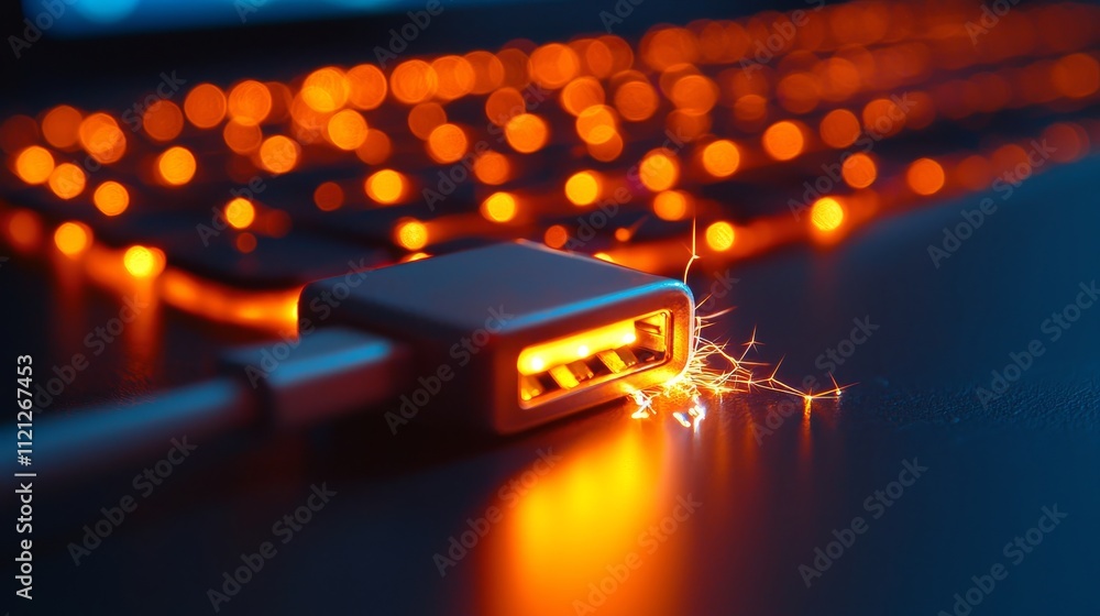 Poster a close-up of a glowing usb connector emitting sparks, set against a backdrop of a keyboard with ill