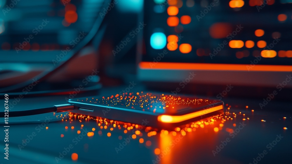 Poster a glowing smartphone rests on a desk, surrounded by ambient light and digital patterns, suggesting a