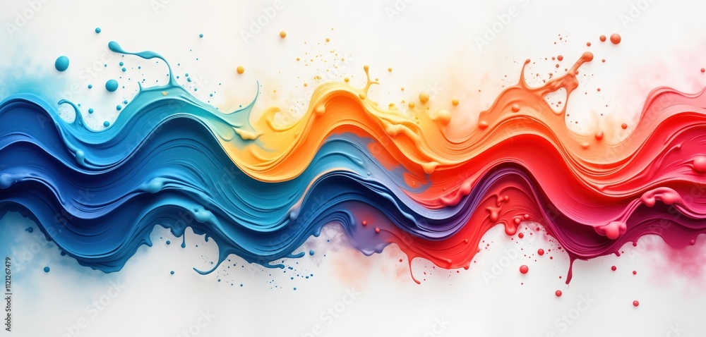 Poster Colorful paint splashes create flowing waves of vibrant colors. Abstract design with liquid motion. Dynamic composition. Colors blend smoothly. Artistic paint texture. Abstract pattern. Modern