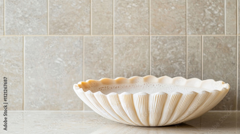 Poster a scalloped shell-shaped bowl rests on a smooth surface against a textured tile wall, creating a ser