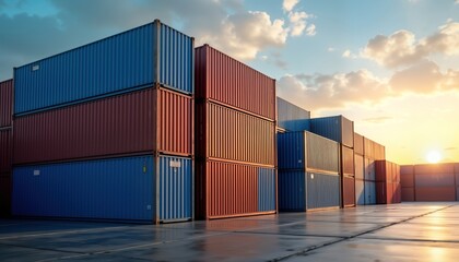 Fototapeta premium Stacked blue, red cargo containers stand in port yard under dramatic sunset sky. Logistics, international trade evident in image of industrial shipping. Import, export goods likely stored inside