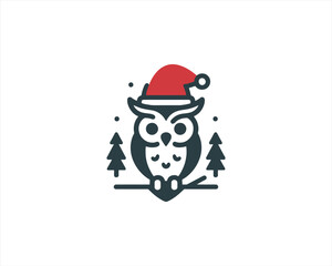 Christmas Owl Logo Design Icon Vector Illustration. Merry Christmas