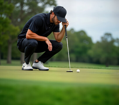 Focused golfer lines up putt on steep incline green. Man concentrates on precise shot. Golf course background shows lush green grass, trees. Sporty attire, golf equipment visible. Pro sportsmanship.