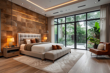 Fototapeta premium Elegant bedroom with a wooden wall, a bed with a white headboard and a blanket, a rug and a chair
