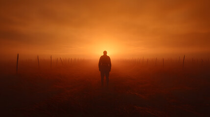 World War One battlefield with a lone soldier, clad in period-appropriate uniform, standing amidst the rugged terrain, evoking the harsh conditions and bravery of wartime