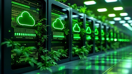 Green technology, data center, eco friendly servers, cloud computing, sustainable IT solutions, nature and technology integration with vibrant green foliage and servers