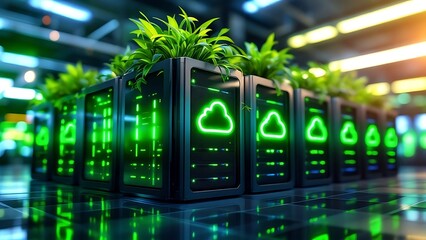 Green technology, data center, eco friendly servers, cloud computing, sustainable IT solutions, nature and technology integration with vibrant green foliage and servers