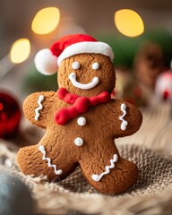 Festive gingerbread man in cheerful christmas attire surrounded by cozy holiday decor and lights
