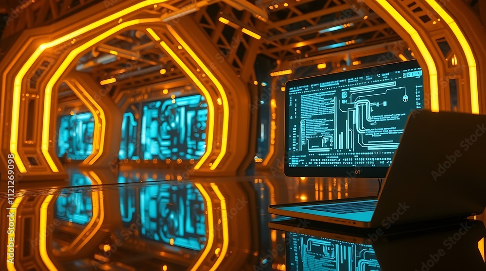 Aufkleber cyberpunk workspace: sleek laptop and large monitor displaying code in a futuristic, neon-lit techno