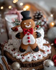 Fototapeta premium Festive gingerbread man in cozy studio setting with warm lights and cheerful holiday decorations