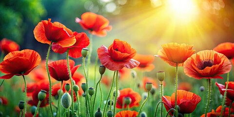 Fototapeta premium Vibrant red poppy flowers blooming in a garden, poppy, flowers, bloom, garden, vibrant, red, nature, floral, petals, beautiful
