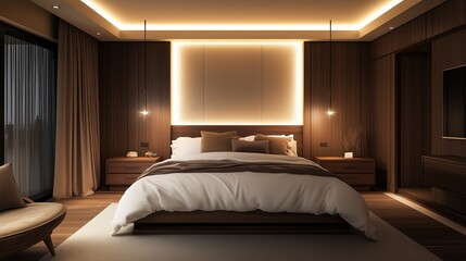Elegant bedroom design with a large, comfortable bed, warm wooden accents, and recessed lighting that enhances the room's serene atmosphere.