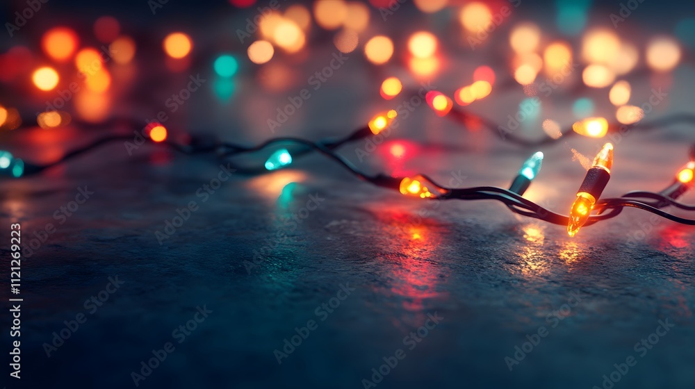 Poster colorful string lights resting on dark surface