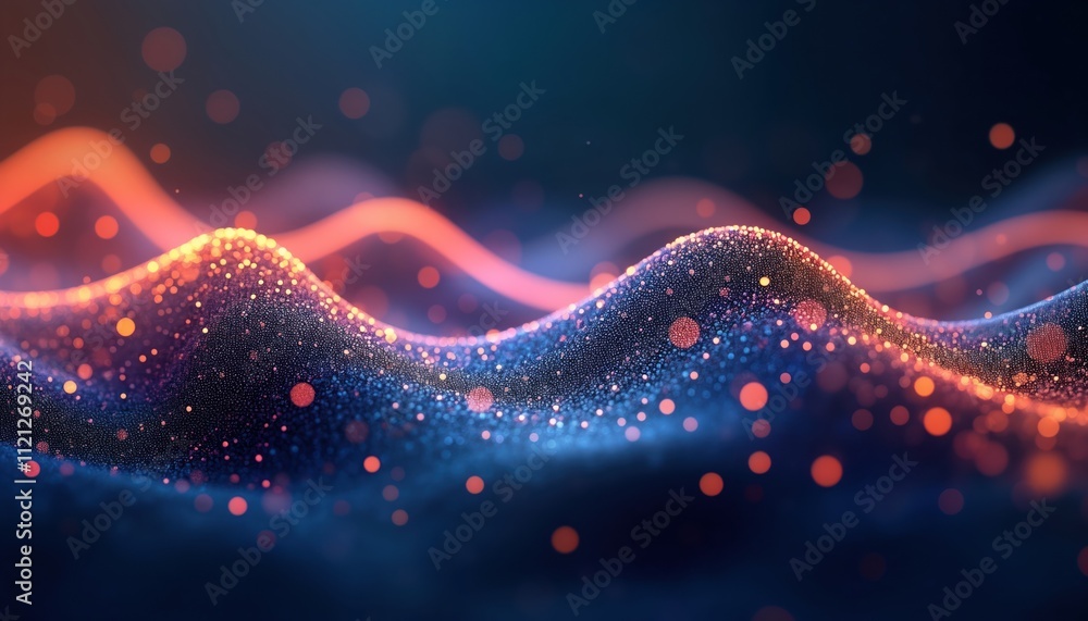 Poster Abstract digital wave particle flow. Colorful glowing particles form dynamic waves. Futuristic, modern tech design. AI generative art. Dynamic stream of data. Intricate pattern background. Vibrant