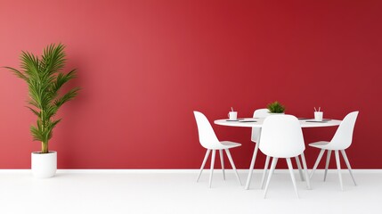 Obraz premium Modern dining area with a red wall and white furniture.