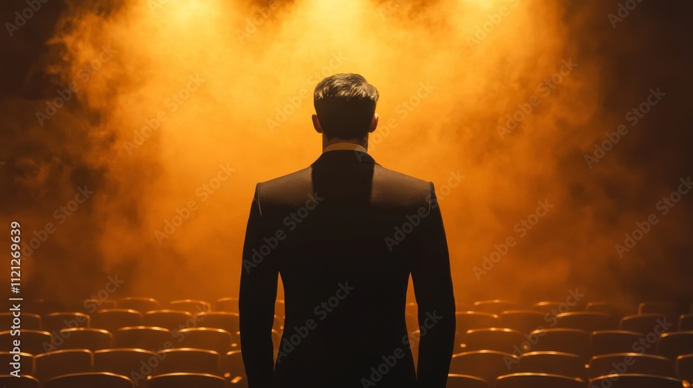 Poster the image shows a man in a suit standing in front of an illuminated stage, enveloped in orange smoke