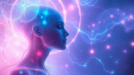 Serene Mind, Cosmic Energy: A woman's profile, bathed in ethereal pink and blue light, evokes a sense of inner peace and connection to the universe.