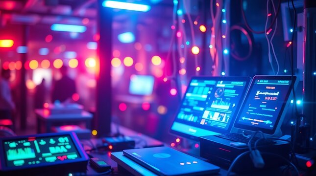 Nightlife Tech Setup: A close-up of a DJ setup in a vibrant club, showcasing the digital displays, mixing board, and laptop, bathed in neon lights, ready for an electrifying performance. 