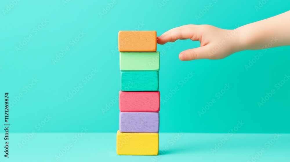Poster a colorful tower of building blocks with a child's hand reaching to place a block on top against a v