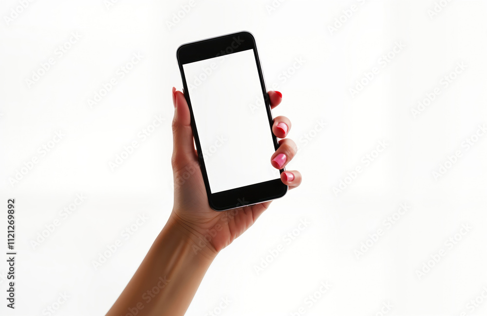 Poster female hand holds modern smartphone. device display blank. indoor shot against white background. per