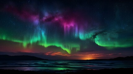 Fototapeta premium Mesmerizing view of the northern lights illuminating the sky over calm ocean waves during a vibrant sunset, capturing nature's beauty and tranquility.