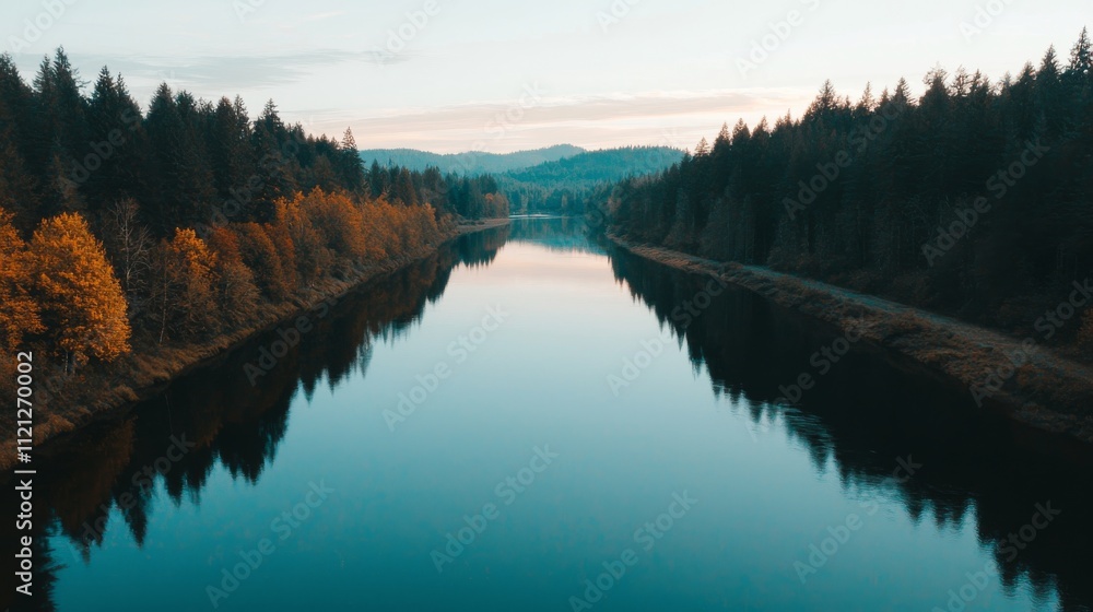Poster a serene river reflects the surrounding forest and mountains, illuminated by soft light, creating a 
