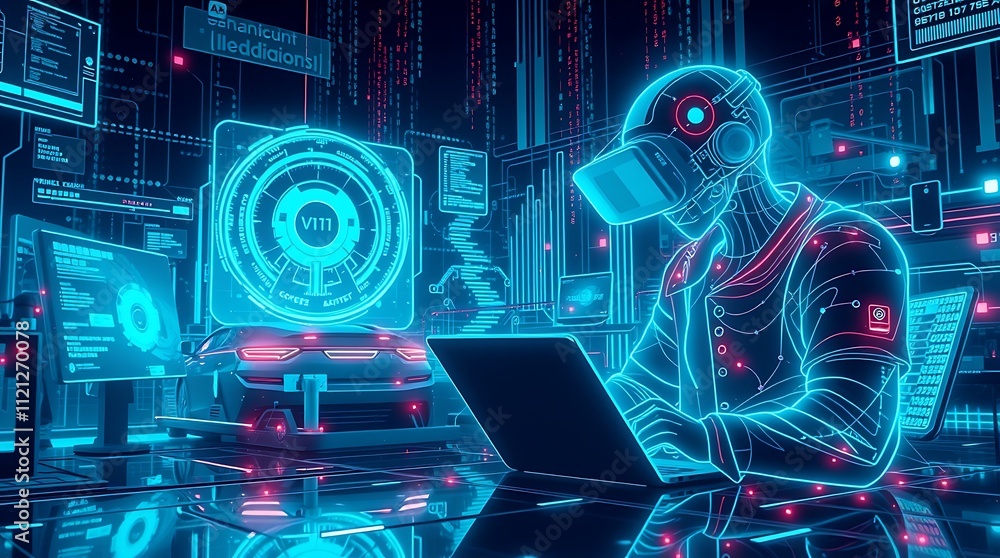 Poster cyberpunk engineer: a futuristic digital artist designs a virtual car using a laptop and vr headset 