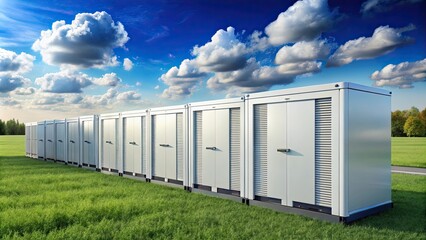 Energy storage cabinets lined up in a field , renewable energy, storage systems, power supply