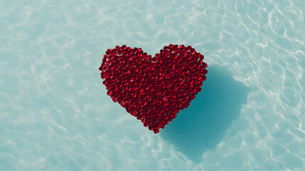 Rose petals shaped like a heart floating in a serene pool, creating a romantic and tranquil atmosphere with vibrant colours reflecting on the water’s surface