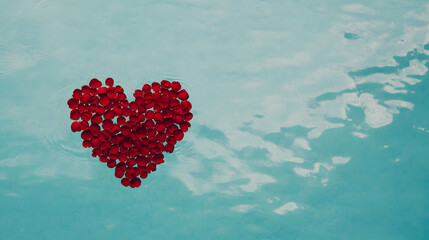Rose petals shaped like a heart floating in a serene pool, creating a romantic and tranquil atmosphere with vibrant colours reflecting on the water’s surface
