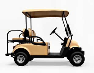Beige golf cart isolated on white background. Four passenger seats. Comfortable vehicle for recreation, leisure. Electric vehicle perfect for golf courses, outdoor areas. Modern design. Practical