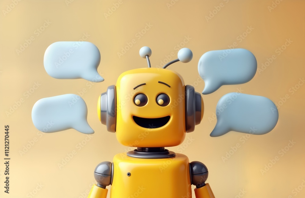 Poster smiling yellow robot with empty speech bubbles. modern tech communication concept. friendly bot read