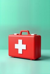 Compact red first aid kit with white cross symbol. Minimalist pop art style. Emergency health supplies. Essential for urgent medical care. Modern design. Lifesaving tools. Visual representation of