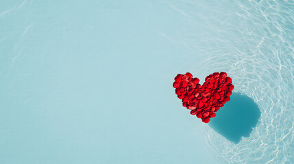 Rose petals shaped like a heart floating in a serene pool, creating a romantic and tranquil atmosphere with vibrant colours reflecting on the water’s surface