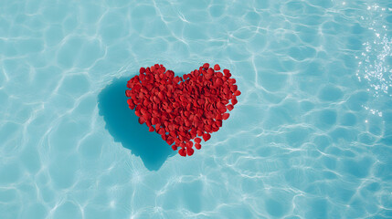 Rose petals shaped like a heart floating in a serene pool, creating a romantic and tranquil atmosphere with vibrant colours reflecting on the water’s surface