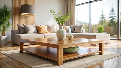 Square wooden coffee table with large vase in foreground in bright modern living room Minimali, wooden, coffee table