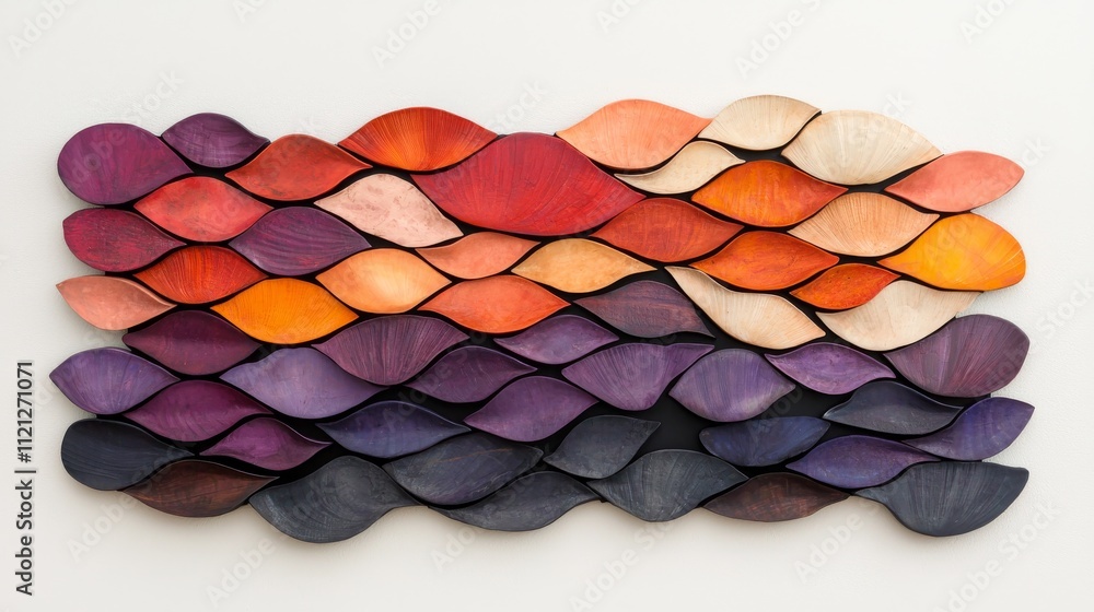 Poster a vibrant arrangement of layered, curved shapes in various hues, creating a striking visual texture 
